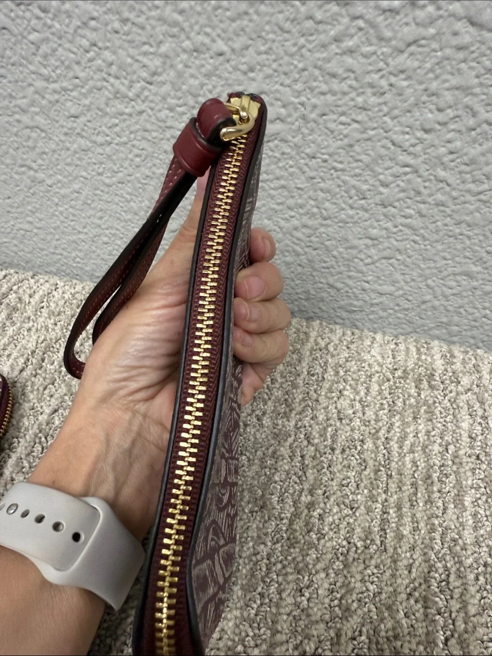 Coach Maroon and Cream Signature Wristlet